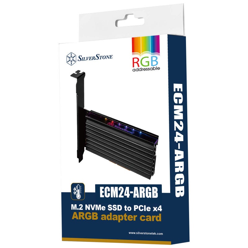SilverStone Technology ECM24-ARGB M.2 NVMe SSD NGFF M Key to PCIe x4 ARGB Adapter Card with heatsink and Thermal pad - Image 1